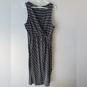 LOFT Black and White Striped Faux Wrap Midi Dress